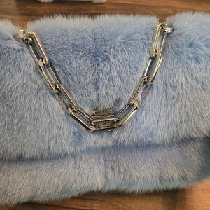 Brandon Blackwood Blue Fur Bag with Silver Chain